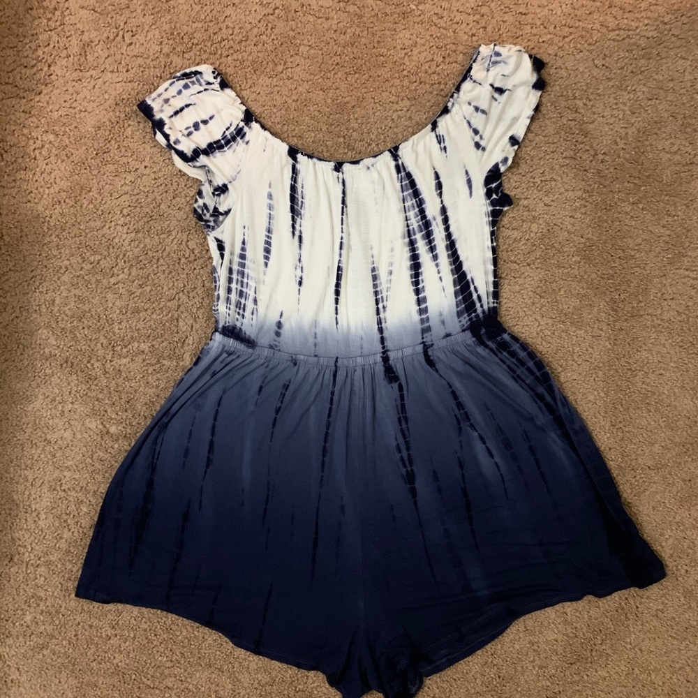 White/Blue Loose Fitting, Off the Shoulder Romper